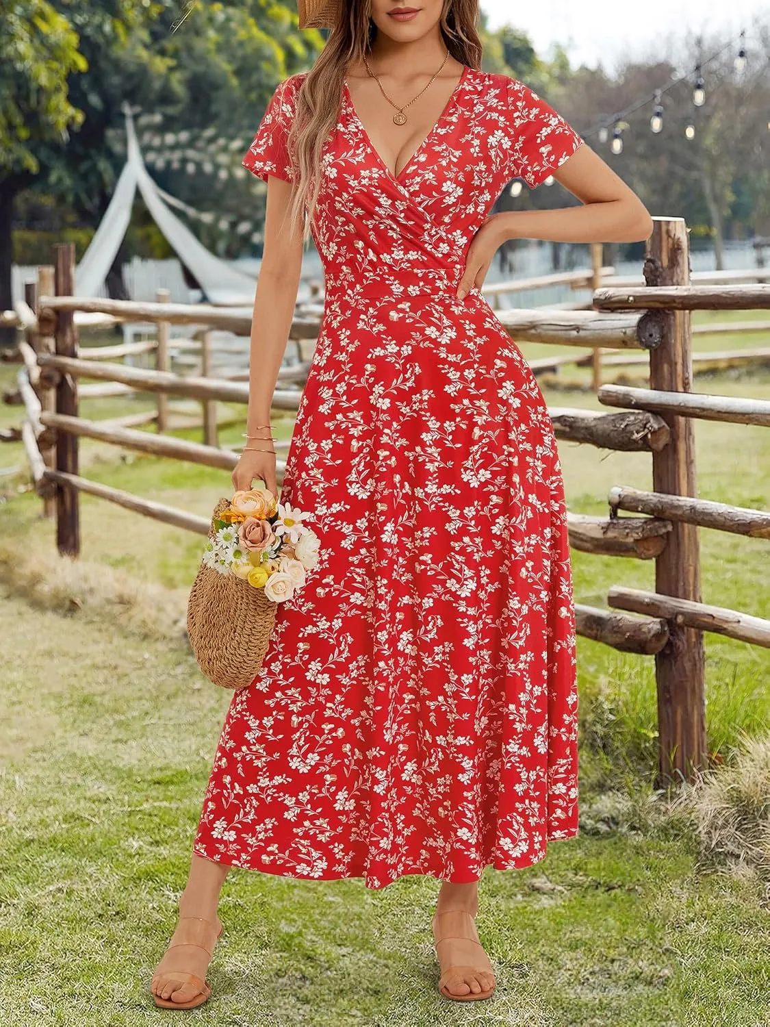 HUHOT Women's Short Sleeve Wrap V Neck Dresses for Wedding Guest Summer Floral Maxi Sundresses with Pockets Boho Dress