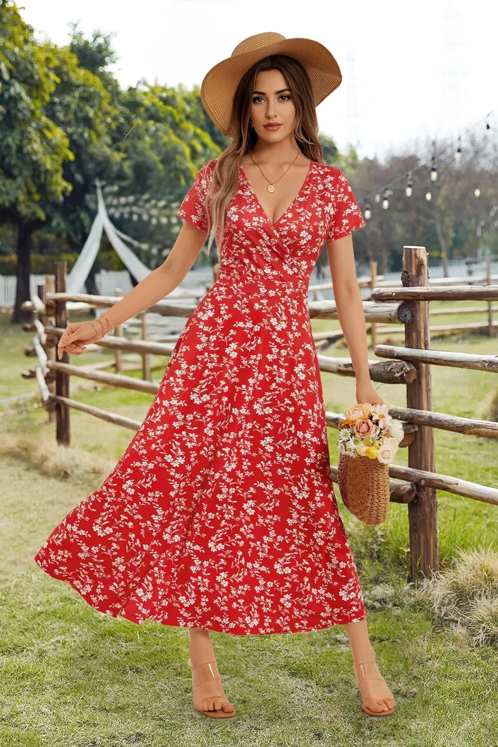 HUHOT Women's Short Sleeve Wrap V Neck Dresses for Wedding Guest Summer Floral Maxi Sundresses with Pockets Boho Dress