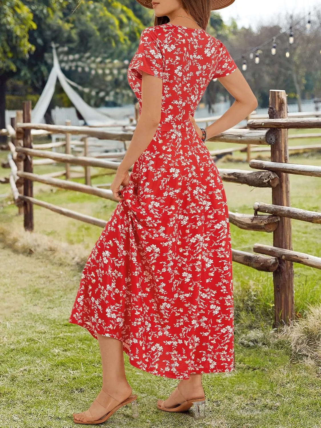 HUHOT Women's Short Sleeve Wrap V Neck Dresses for Wedding Guest Summer Floral Maxi Sundresses with Pockets Boho Dress