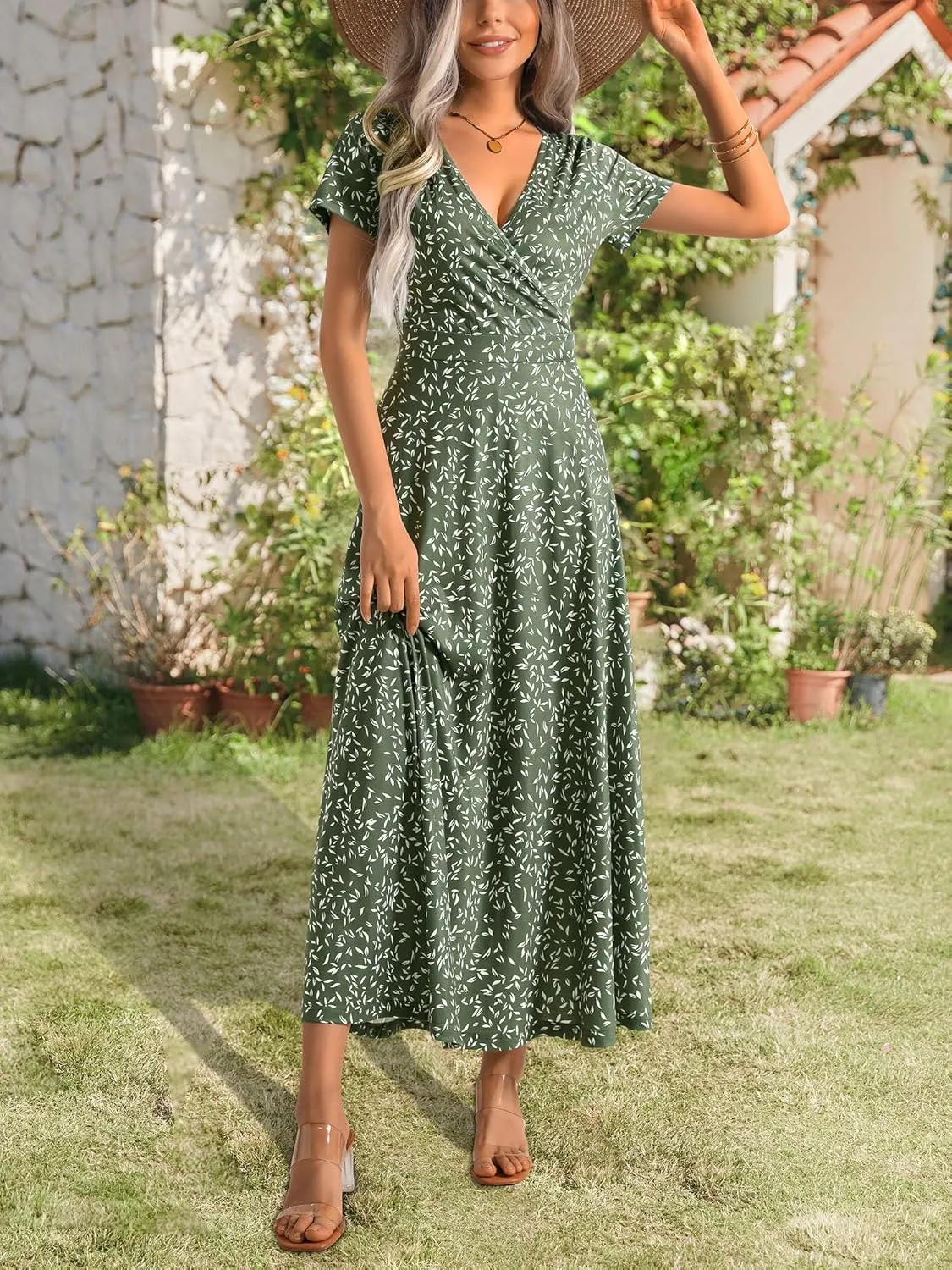 HUHOT Women's Short Sleeve Wrap V Neck Dresses for Wedding Guest Summer Floral Maxi Sundresses with Pockets Boho Dress