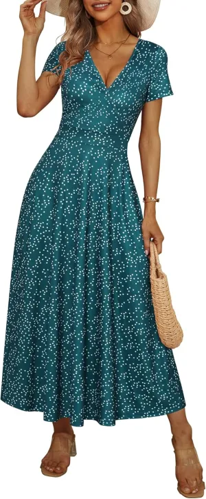 HUHOT Women's Short Sleeve Wrap V Neck Dresses for Wedding Guest Summer Floral Maxi Sundresses with Pockets Boho Dress