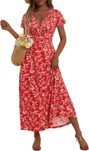 HUHOT Women's Short Sleeve Wrap V Neck Dresses for Wedding Guest Summer Floral Maxi Sundresses with Pockets Boho Dress