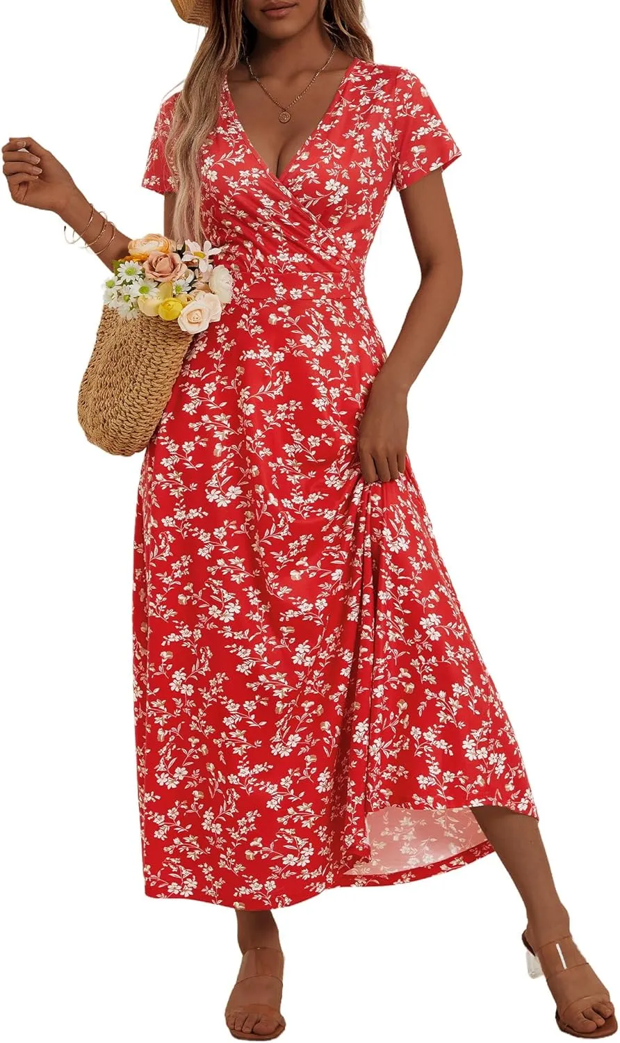 HUHOT Women's Short Sleeve Wrap V Neck Dresses for Wedding Guest Summer Floral Maxi Sundresses with Pockets Boho Dress