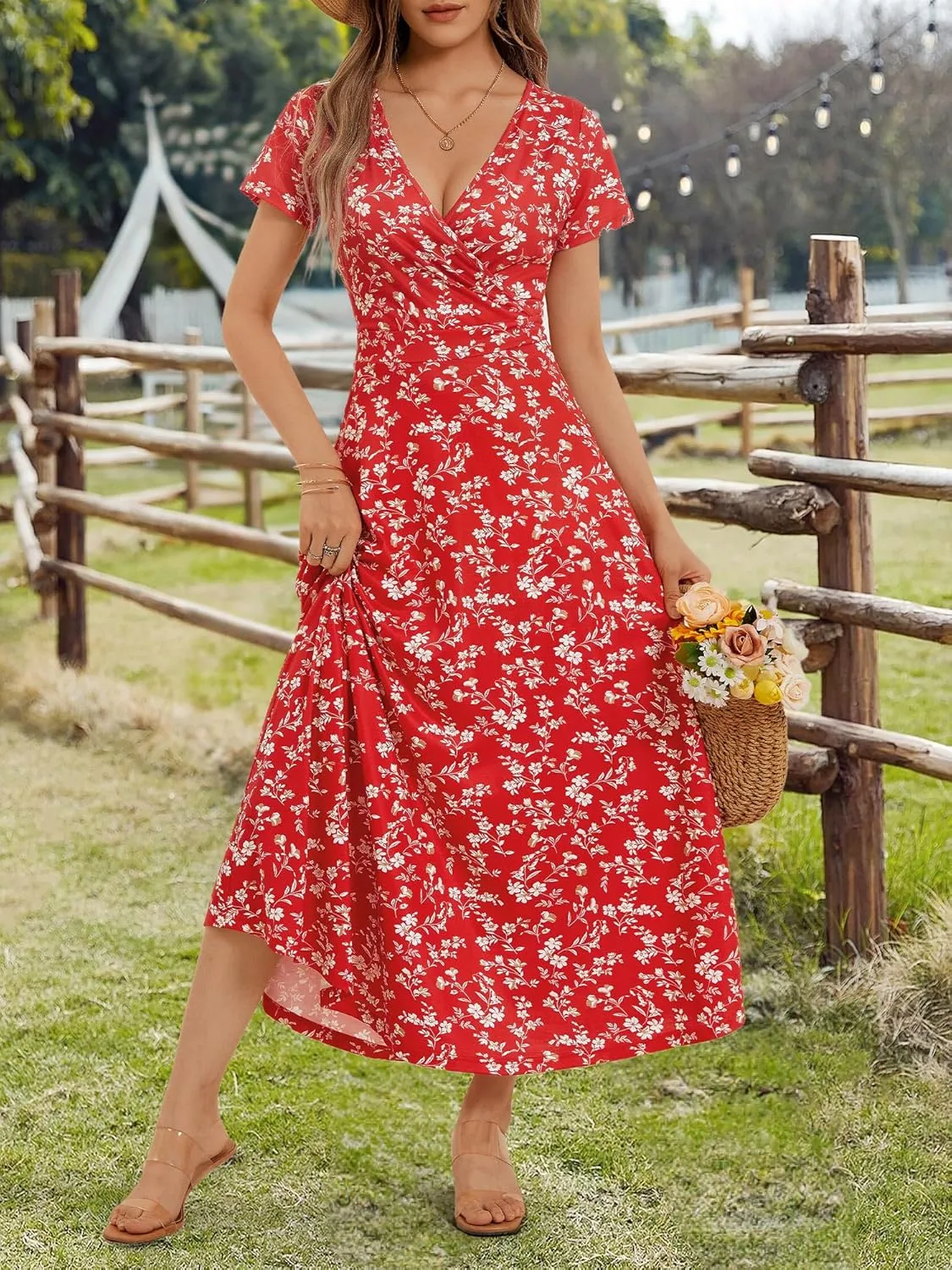 HUHOT Women's Short Sleeve Wrap V Neck Dresses for Wedding Guest Summer Floral Maxi Sundresses with Pockets Boho Dress
