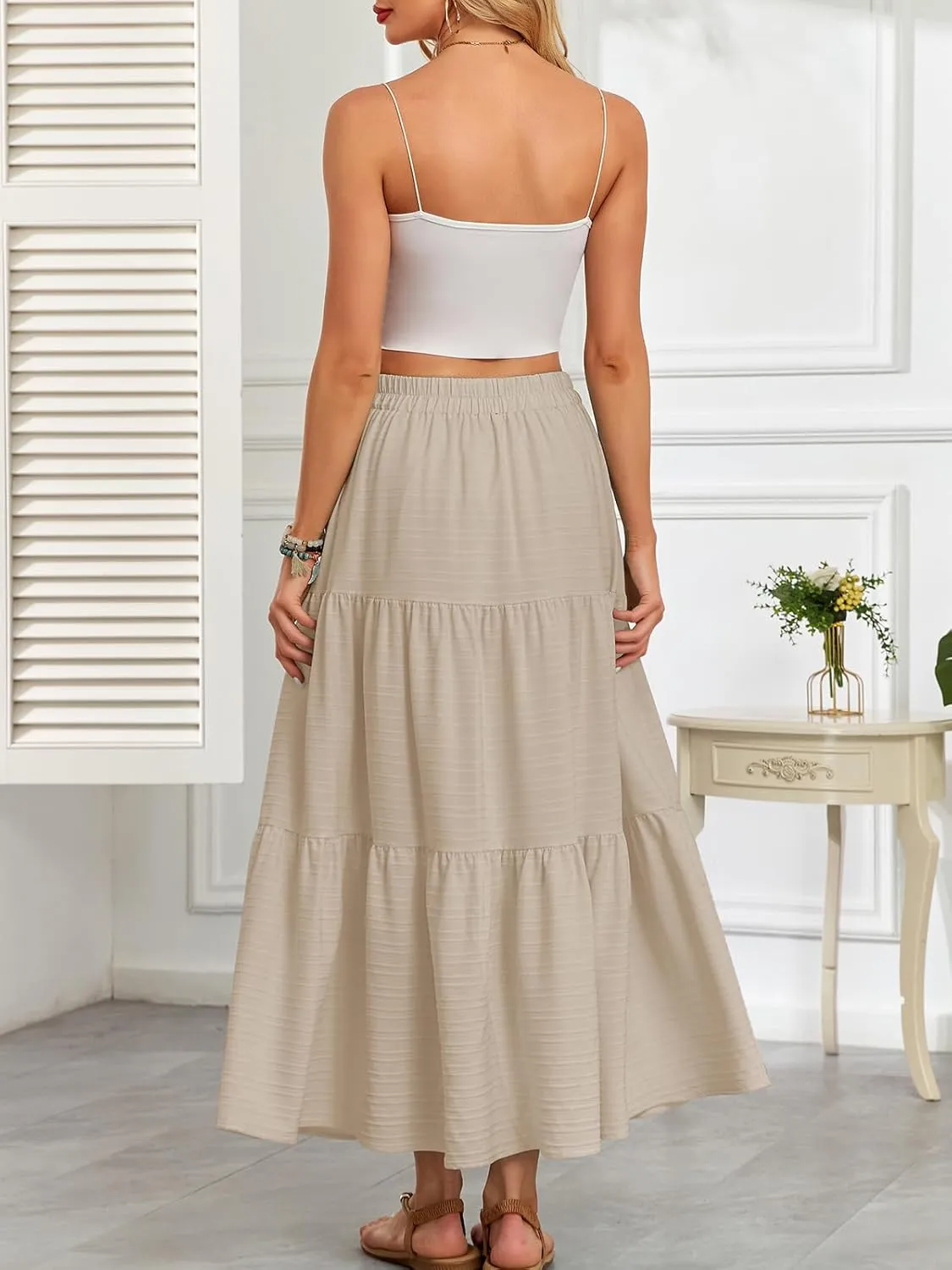 HUSKARY Women's Summer Casual Elegant Smock Layered Tiered Maxi Skirt High Waisted A Line Flowy Long Skirts with Pockets