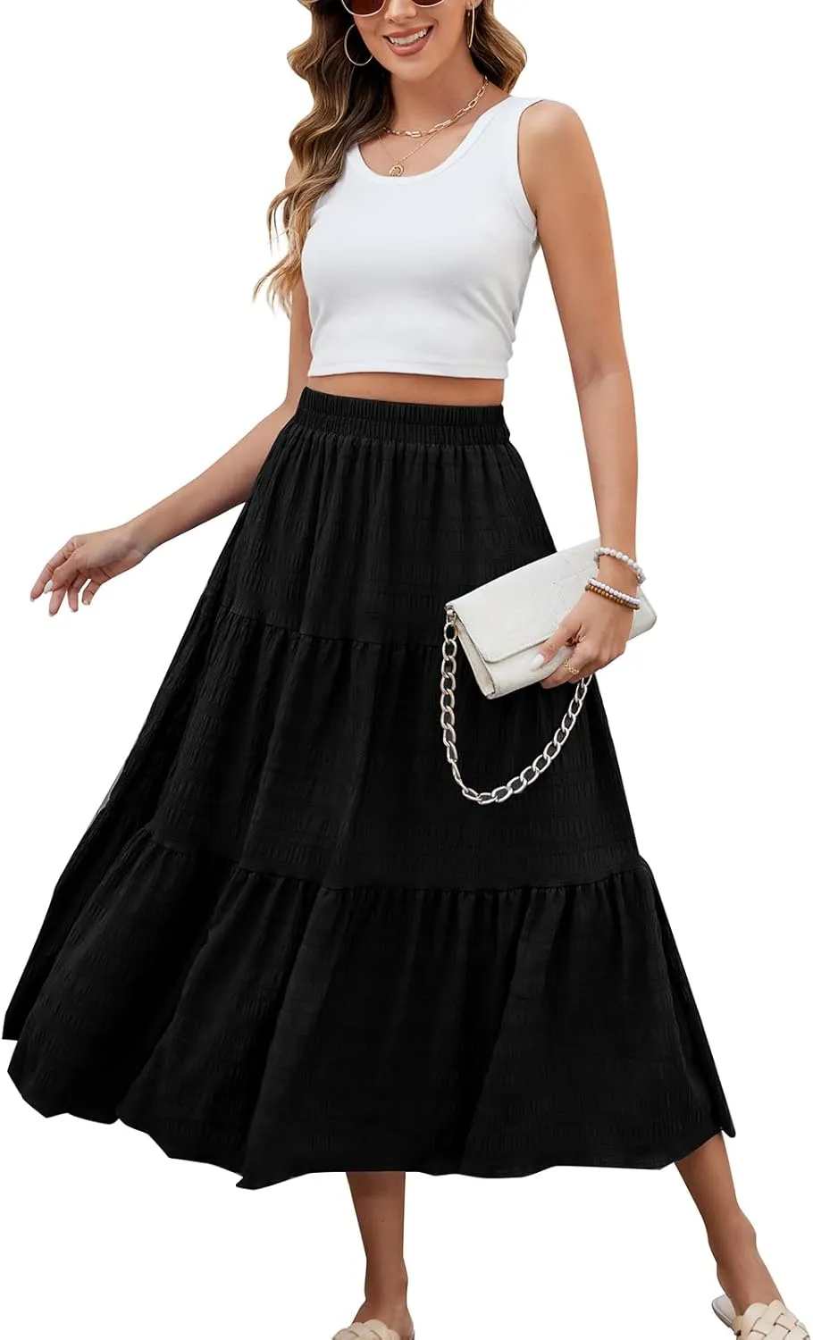 HUSKARY Women's Summer Casual Elegant Smock Layered Tiered Maxi Skirt High Waisted A Line Flowy Long Skirts with Pockets