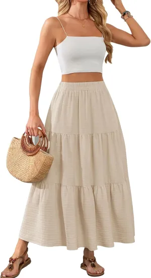 HUSKARY Women's Summer Casual Elegant Smock Layered Tiered Maxi Skirt High Waisted A Line Flowy Long Skirts with Pockets