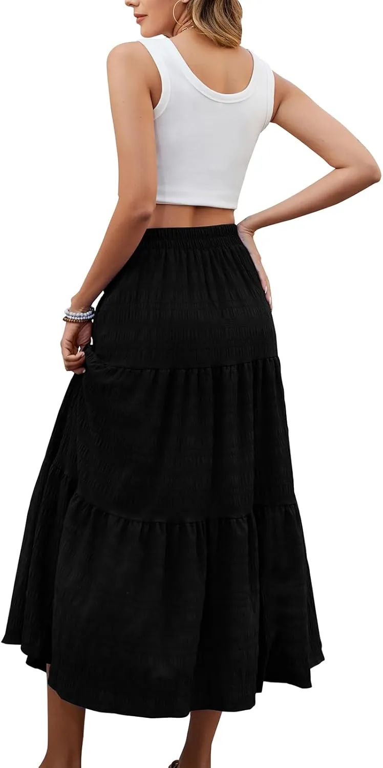 HUSKARY Women's Summer Casual Elegant Smock Layered Tiered Maxi Skirt High Waisted A Line Flowy Long Skirts with Pockets