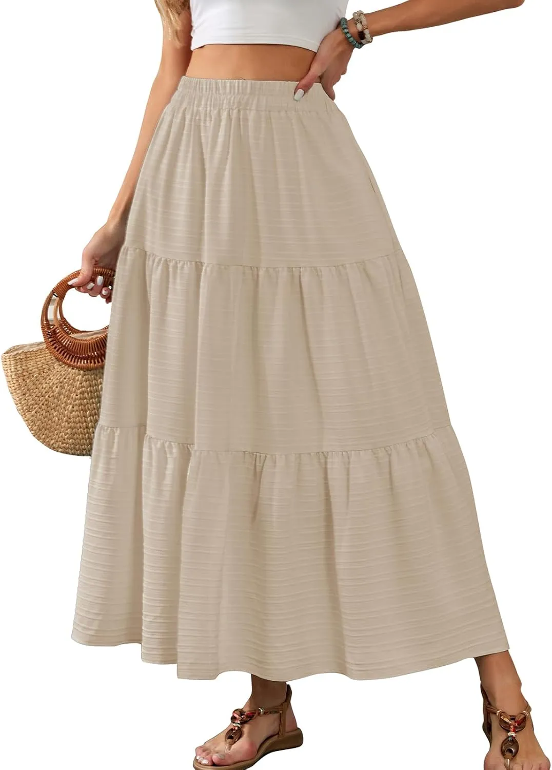 HUSKARY Women's Summer Casual Elegant Smock Layered Tiered Maxi Skirt High Waisted A Line Flowy Long Skirts with Pockets
