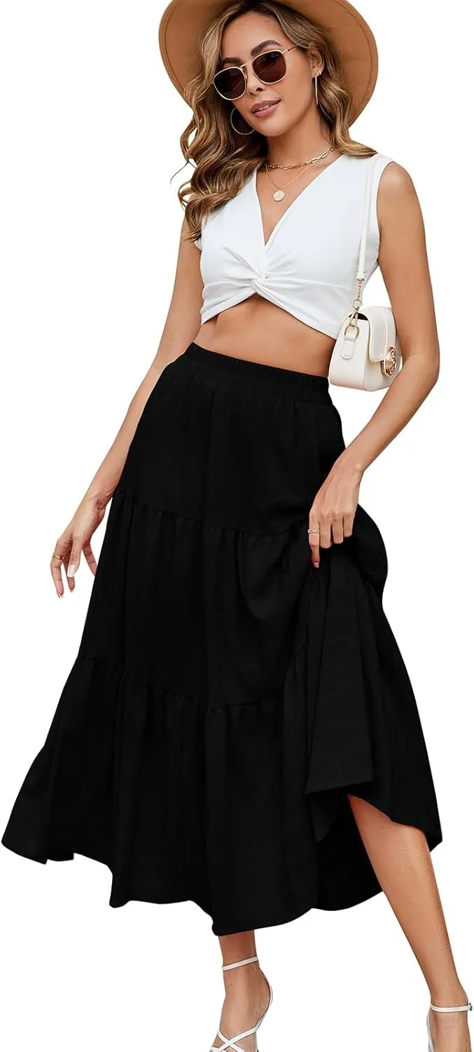 HUSKARY Women's Summer Casual Elegant Smock Layered Tiered Maxi Skirt High Waisted A Line Flowy Long Skirts with Pockets