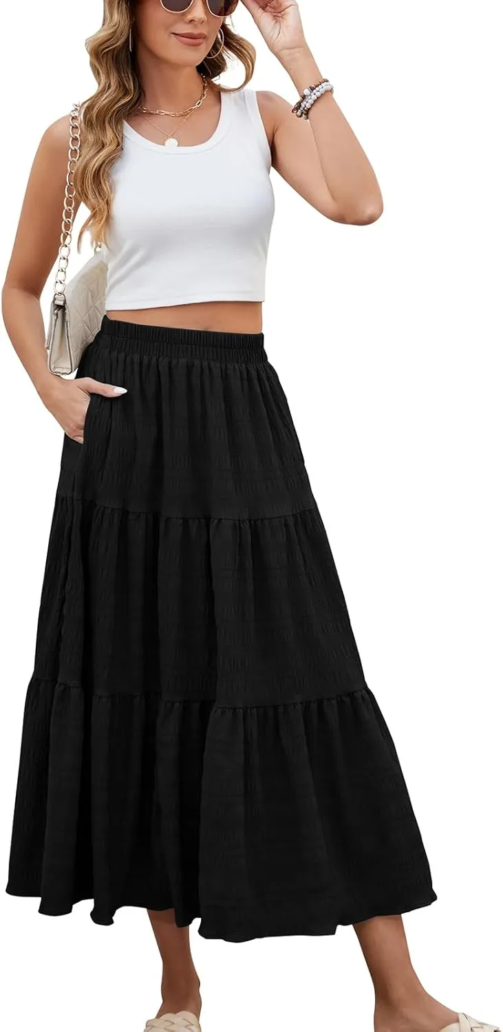 HUSKARY Women's Summer Casual Elegant Smock Layered Tiered Maxi Skirt High Waisted A Line Flowy Long Skirts with Pockets
