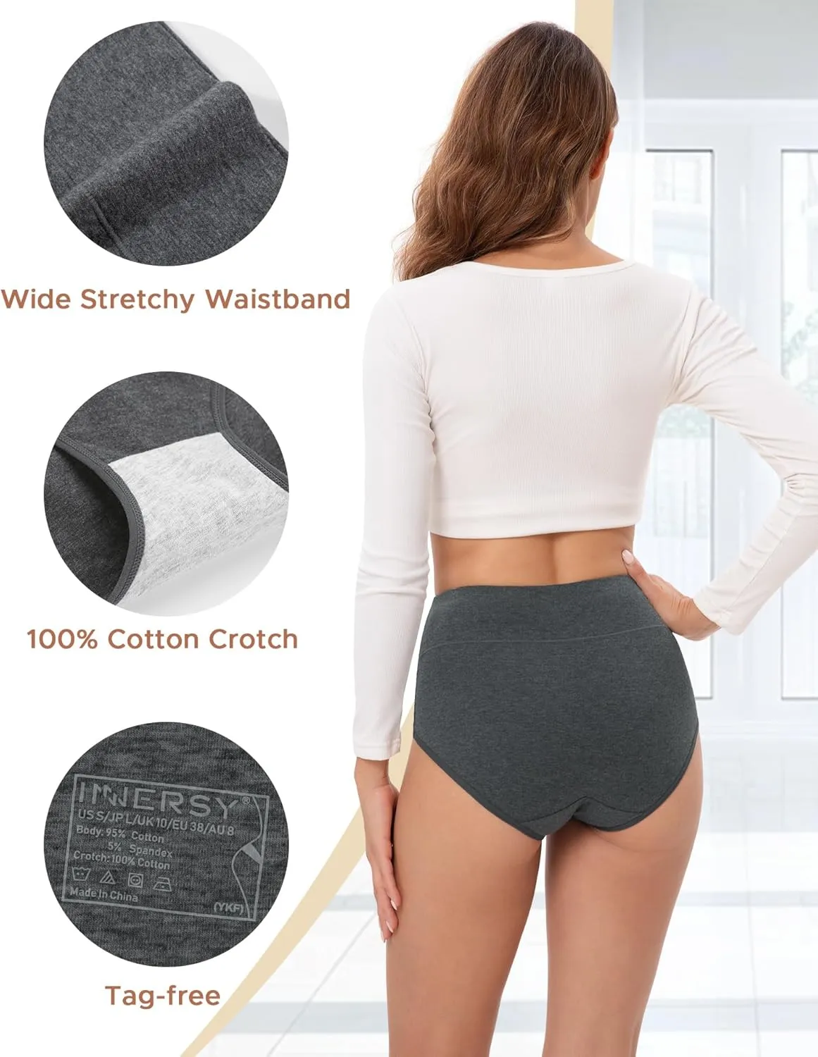 INNERSY Women's Underwear Cotton Briefs High Waisted Breathable Panties 5 Pack