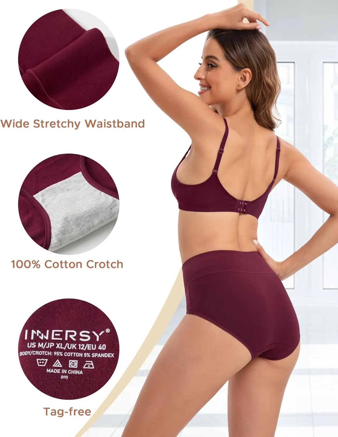 INNERSY Women's Underwear Cotton Briefs High Waisted Breathable Panties 5 Pack