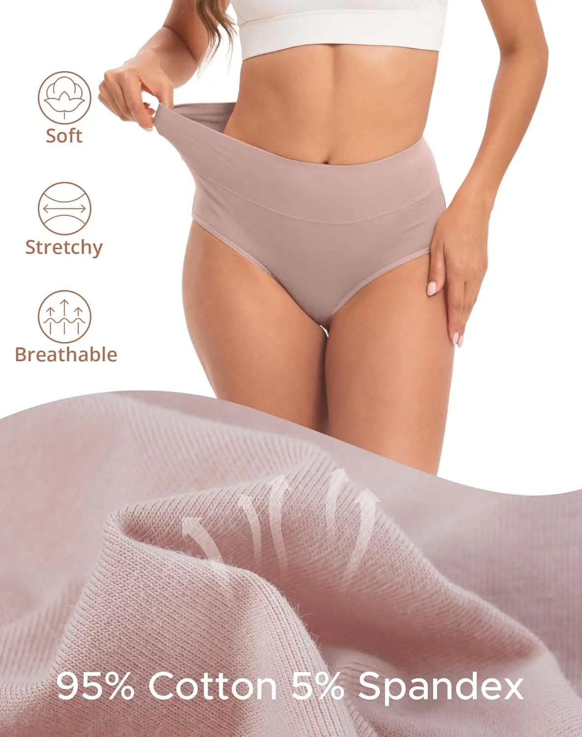 INNERSY Women's Underwear Cotton Briefs High Waisted Breathable Panties 5 Pack