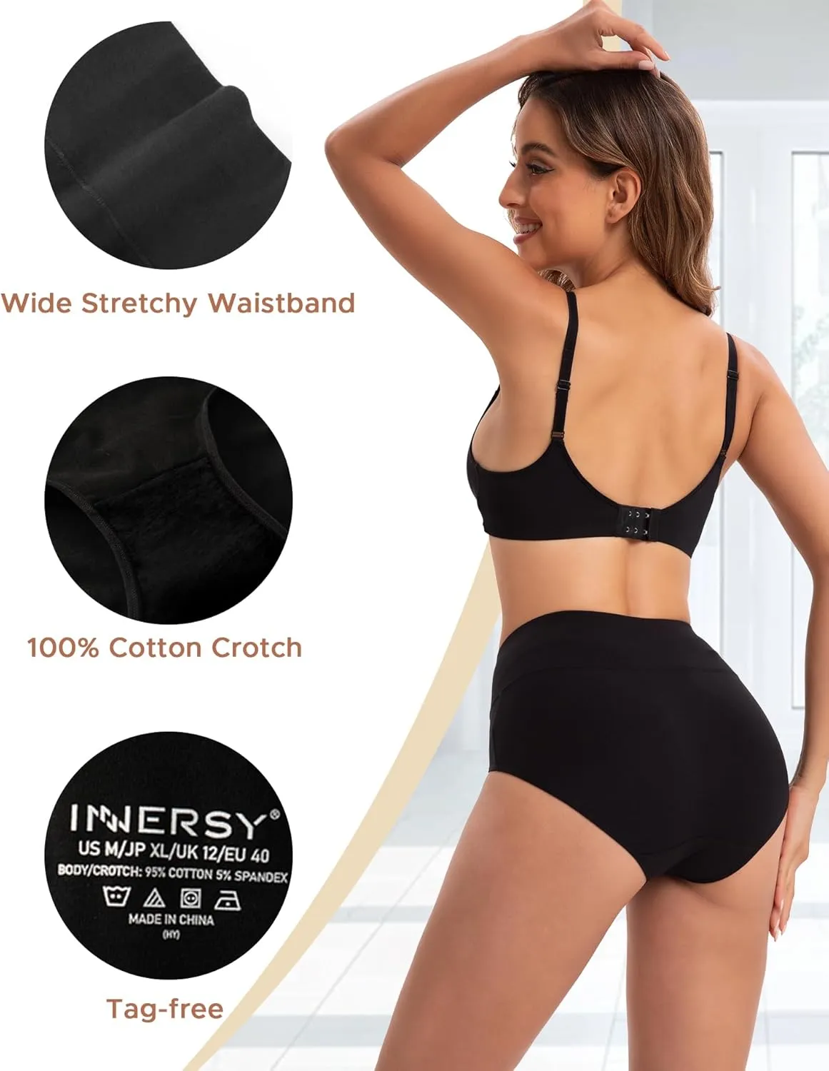 INNERSY Women's Underwear Cotton Briefs High Waisted Breathable Panties 5 Pack