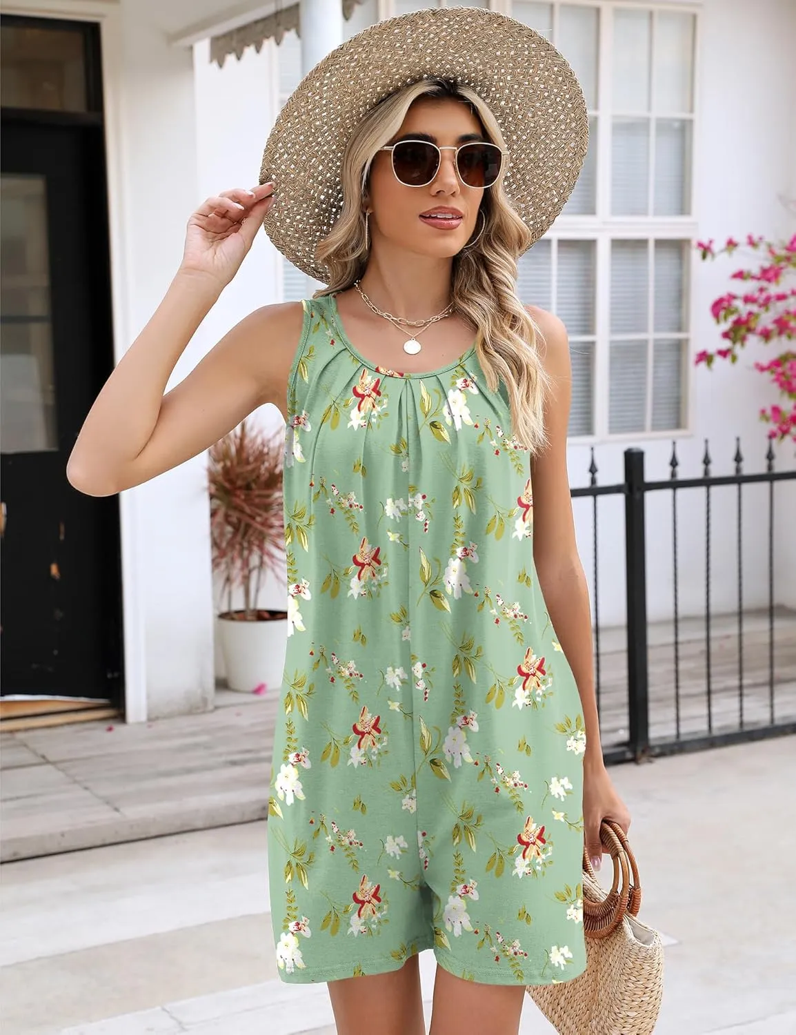 Ivicoer Rompers for Women Summer Casual Sleeveless Pleated Shorts Overalls Jumpsuits with Pockets