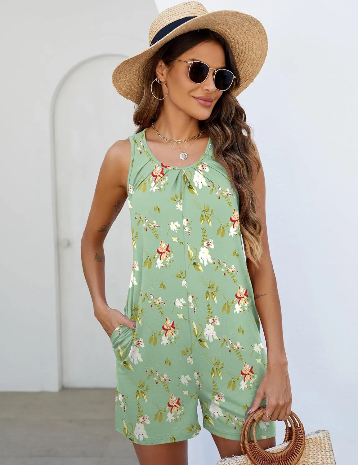 Ivicoer Rompers for Women Summer Casual Sleeveless Pleated Shorts Overalls Jumpsuits with Pockets