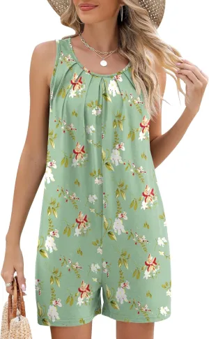 Ivicoer Rompers for Women Summer Casual Sleeveless Pleated Shorts Overalls Jumpsuits with Pockets