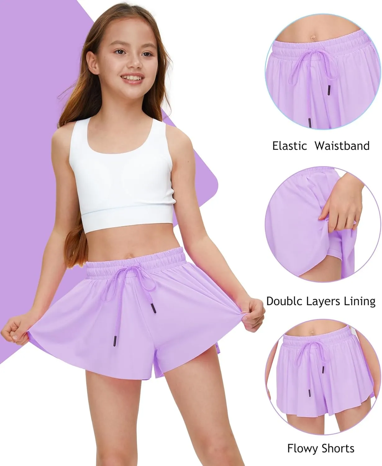 Kids Girls Athletic Flowy Shorts for Running Sports Fitness Active Workout Youth Butterfly Elastic Waist Skirts Shorts