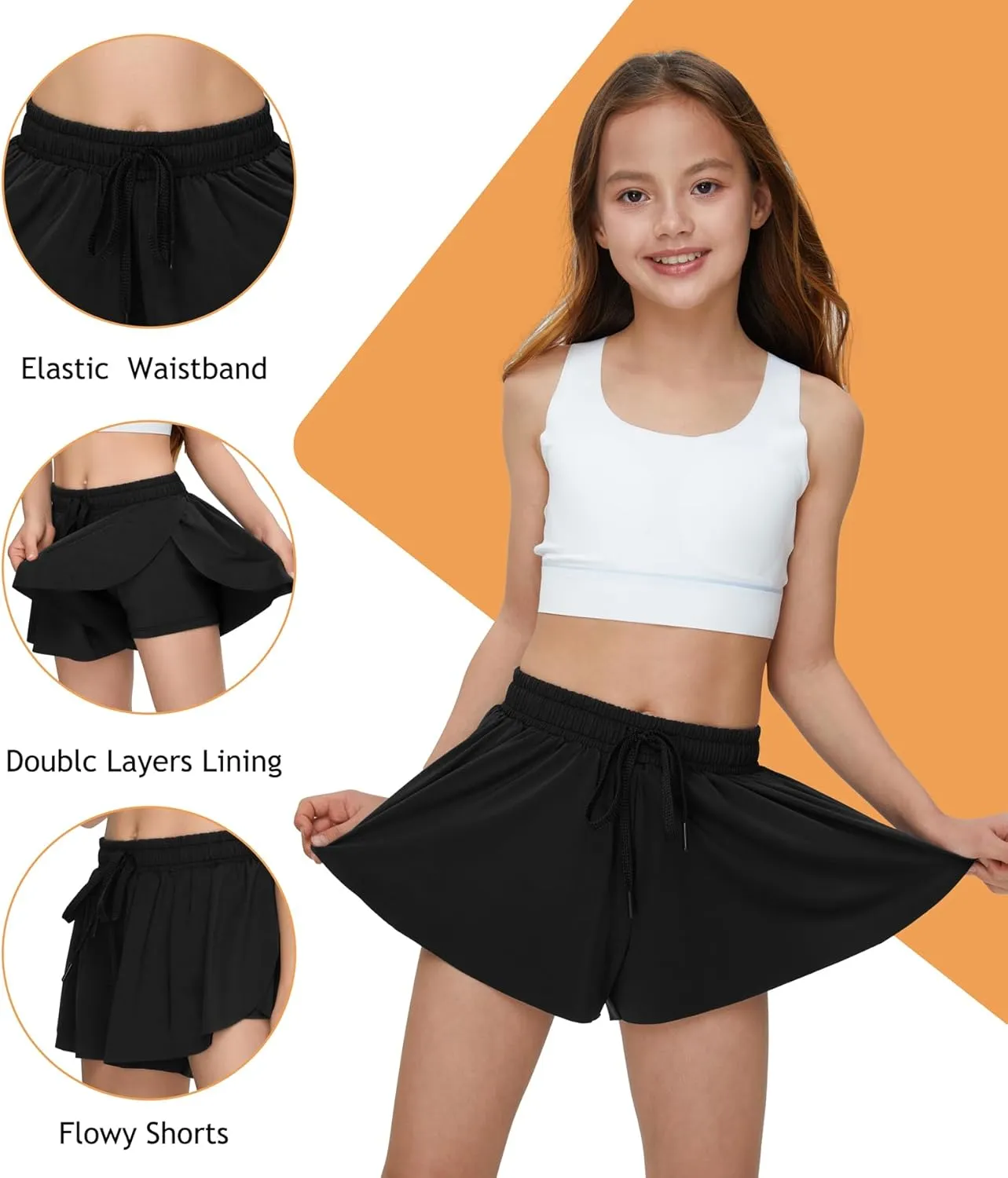 Kids Girls Athletic Flowy Shorts for Running Sports Fitness Active Workout Youth Butterfly Elastic Waist Skirts Shorts