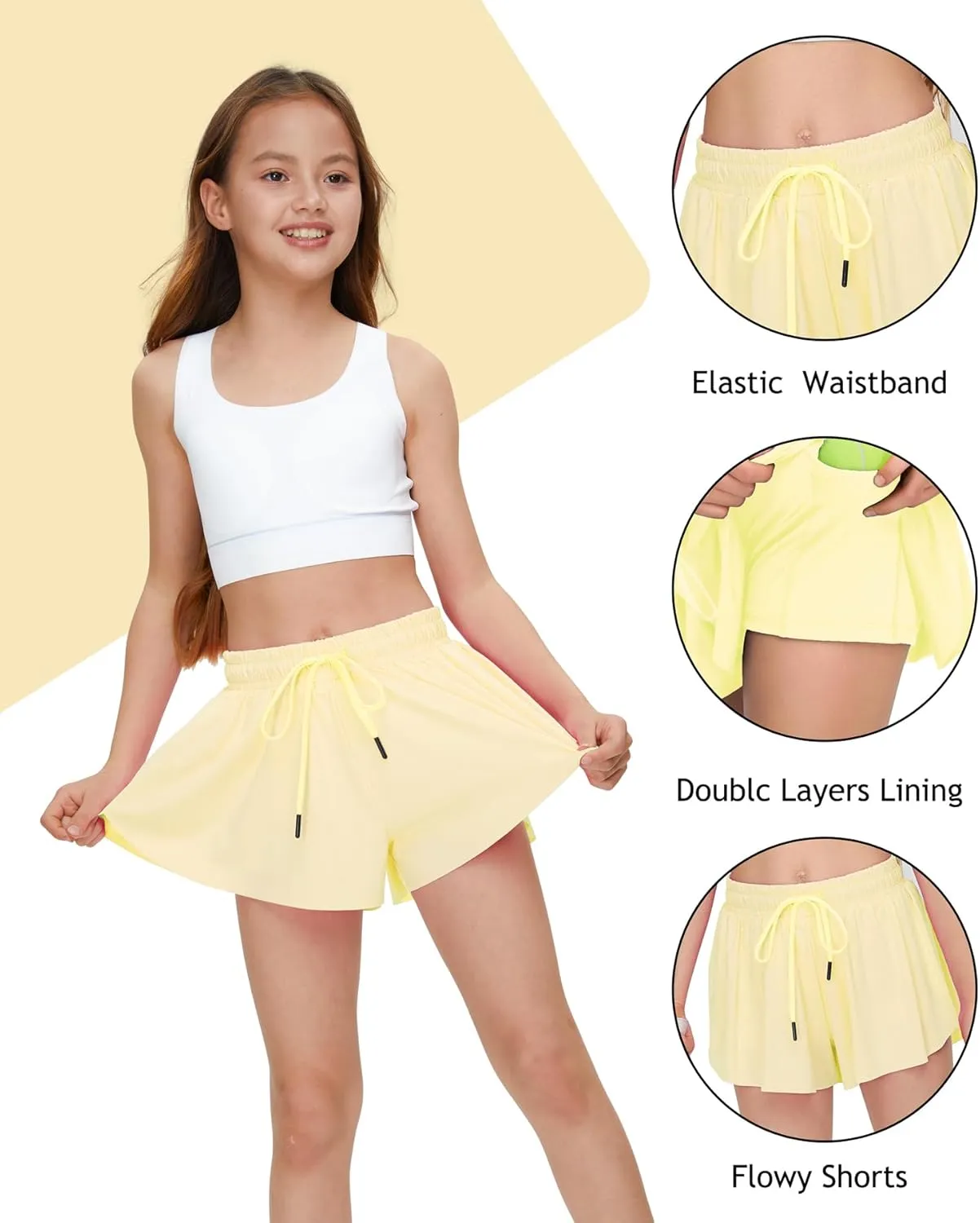 Kids Girls Athletic Flowy Shorts for Running Sports Fitness Active Workout Youth Butterfly Elastic Waist Skirts Shorts