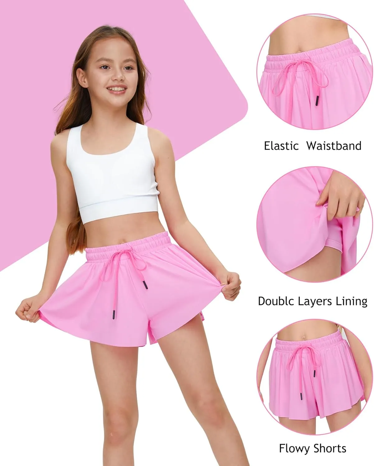 Kids Girls Athletic Flowy Shorts for Running Sports Fitness Active Workout Youth Butterfly Elastic Waist Skirts Shorts