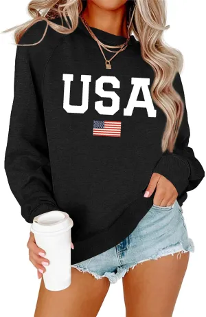 Lacozy Womens USA Sweatshirt American Flag Oversized Graph Letter Pullover Crewneck Long Sleeve Loose Fit Tees Clothes