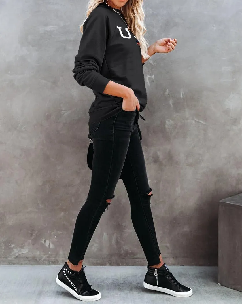 Lacozy Womens USA Sweatshirt American Flag Oversized Graph Letter Pullover Crewneck Long Sleeve Loose Fit Tees Clothes