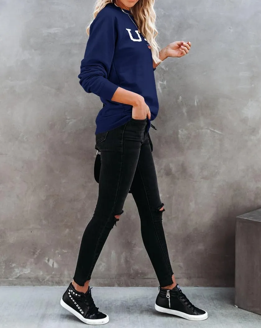 Lacozy Womens USA Sweatshirt American Flag Oversized Graph Letter Pullover Crewneck Long Sleeve Loose Fit Tees Clothes