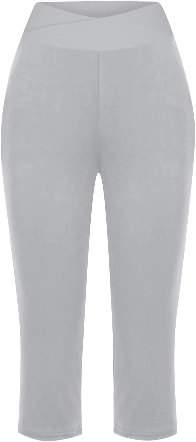 Lightweight Capri Sweatpants Women Knee Length Casual Summer Trousers Linen Elastic Waist Beach Capri with Pockets