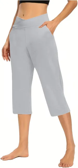 Lightweight Capri Sweatpants Women Knee Length Casual Summer Trousers Linen Elastic Waist Beach Capri with Pockets