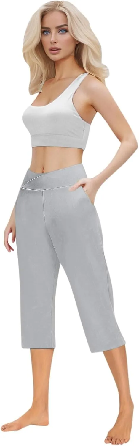 Lightweight Capri Sweatpants Women Knee Length Casual Summer Trousers Linen Elastic Waist Beach Capri with Pockets