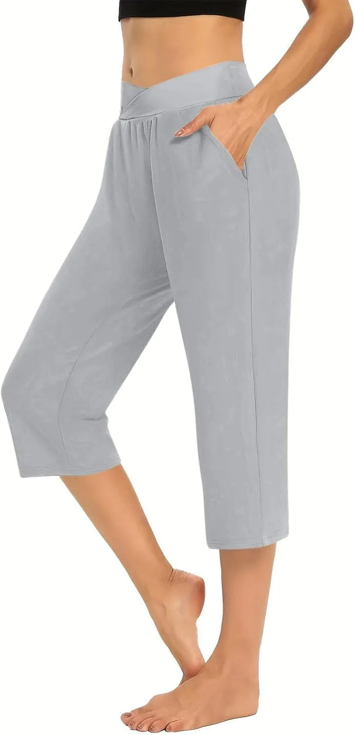Lightweight Capri Sweatpants Women Knee Length Casual Summer Trousers Linen Elastic Waist Beach Capri with Pockets