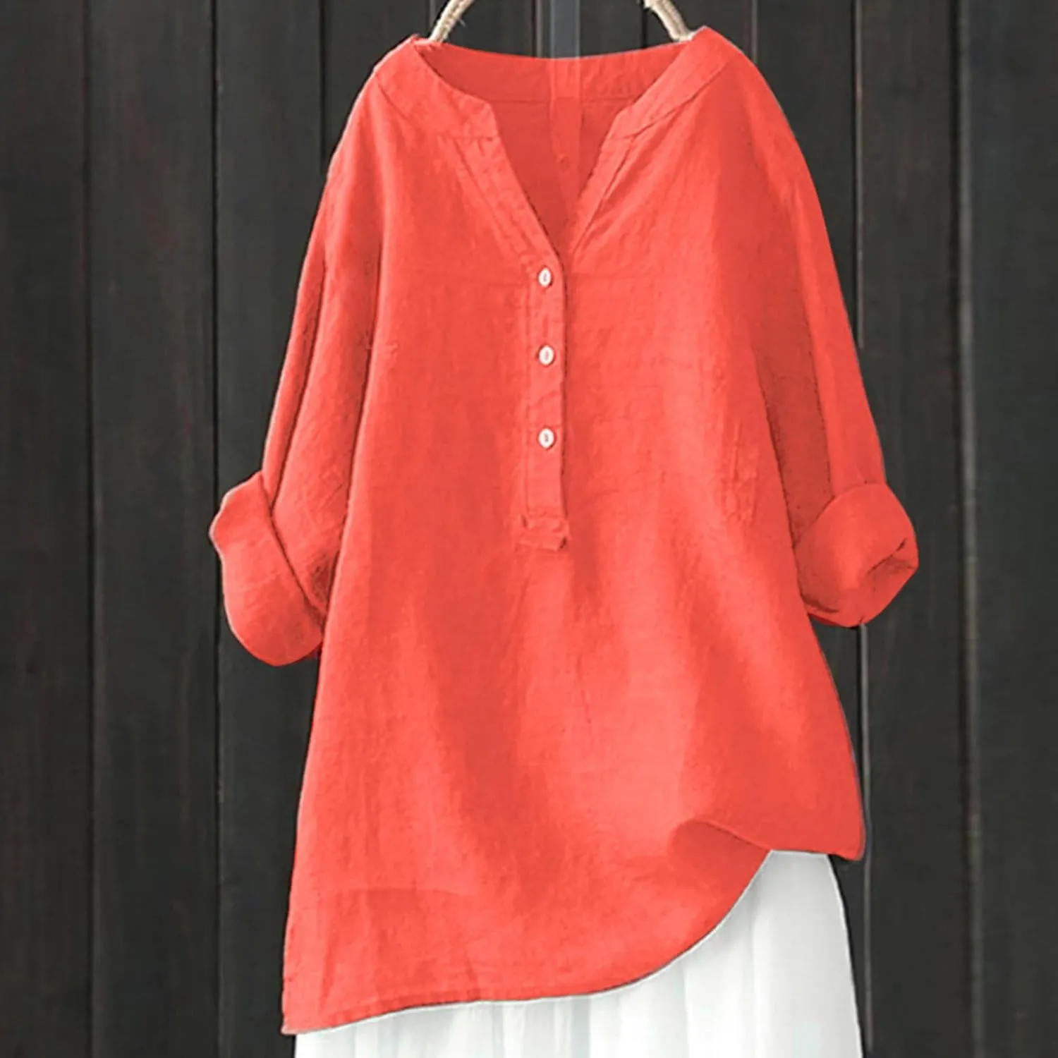 Linen Cotton Womens Long Sleeve Shirts Casual Oversized 3/4 Length Sleeve Round Neck Loose Fit Tees