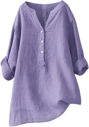 Linen Cotton Womens Long Sleeve Shirts Casual Oversized 3/4 Length Sleeve Round Neck Loose Fit Tees
