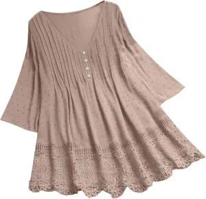 Linen Cotton Womens Long Sleeve Shirts Casual Oversized 3/4 Length Sleeve Round Neck Loose Fit Tees