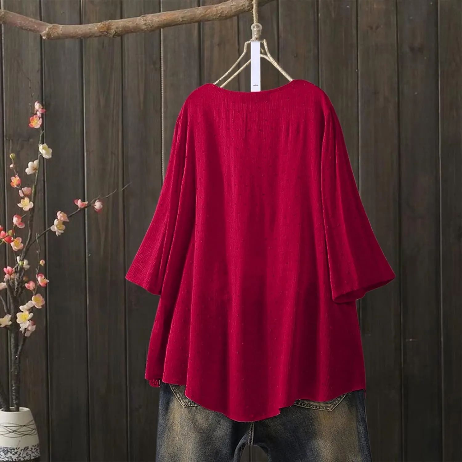 Linen Cotton Womens Long Sleeve Shirts Casual Oversized 3/4 Length Sleeve Round Neck Loose Fit Tees