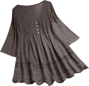 Linen Cotton Womens Long Sleeve Shirts Casual Oversized 3/4 Length Sleeve Round Neck Loose Fit Tees