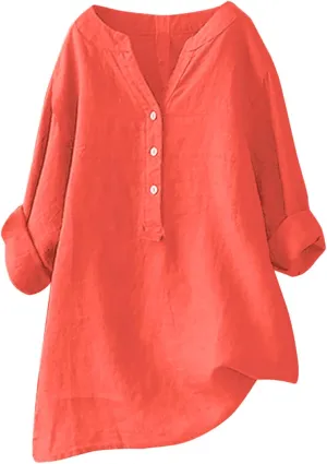 Linen Cotton Womens Long Sleeve Shirts Casual Oversized 3/4 Length Sleeve Round Neck Loose Fit Tees
