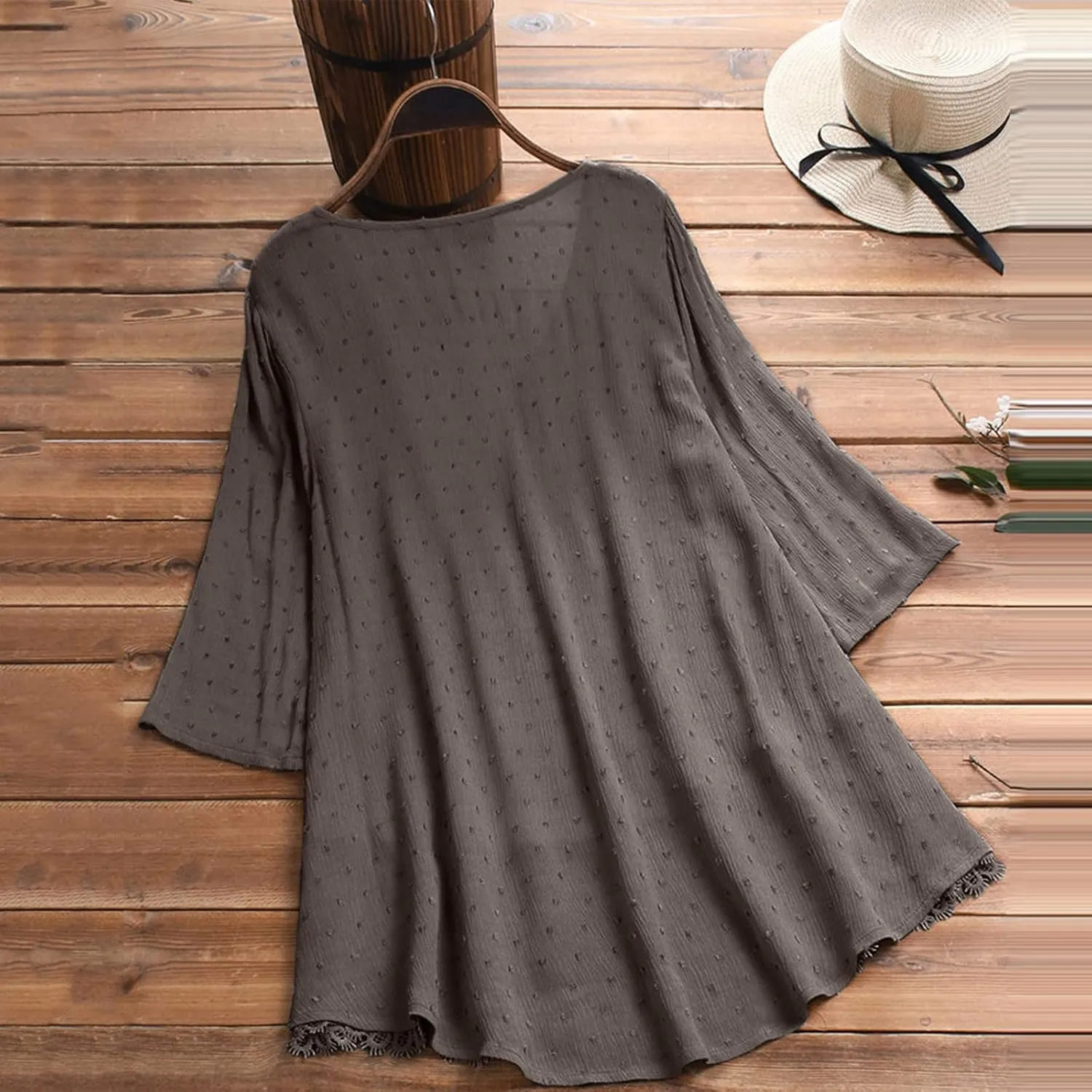 Linen Cotton Womens Long Sleeve Shirts Casual Oversized 3/4 Length Sleeve Round Neck Loose Fit Tees