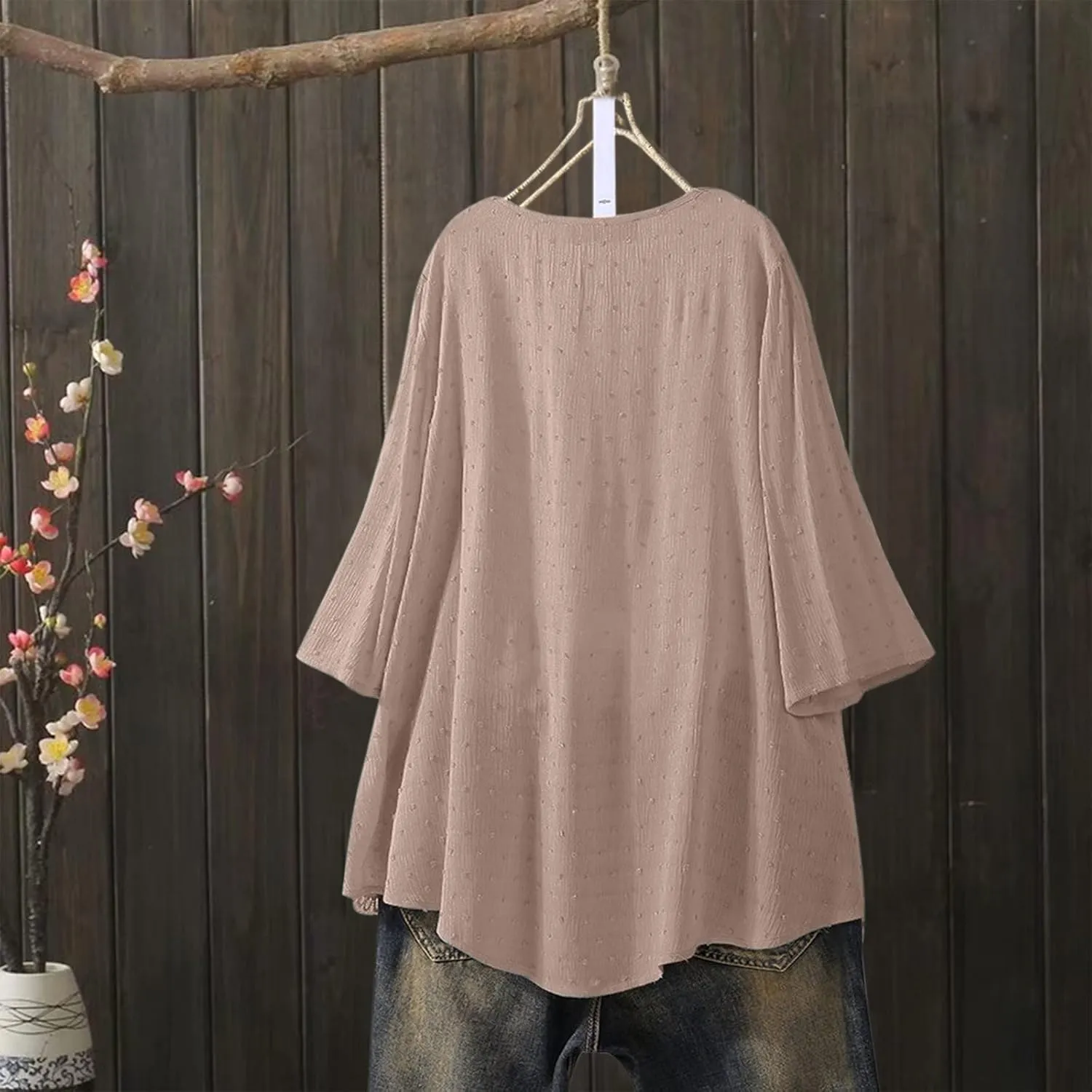 Linen Cotton Womens Long Sleeve Shirts Casual Oversized 3/4 Length Sleeve Round Neck Loose Fit Tees