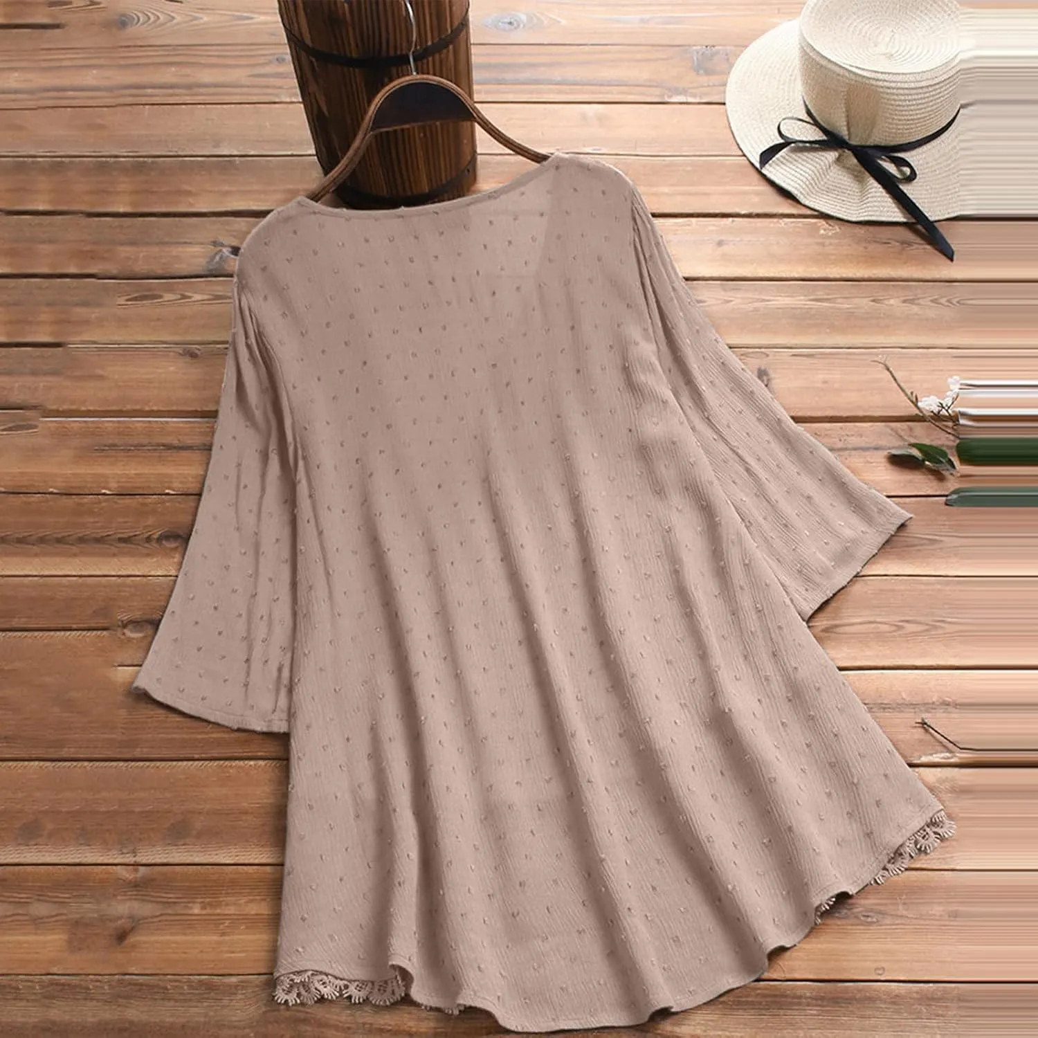 Linen Cotton Womens Long Sleeve Shirts Casual Oversized 3/4 Length Sleeve Round Neck Loose Fit Tees