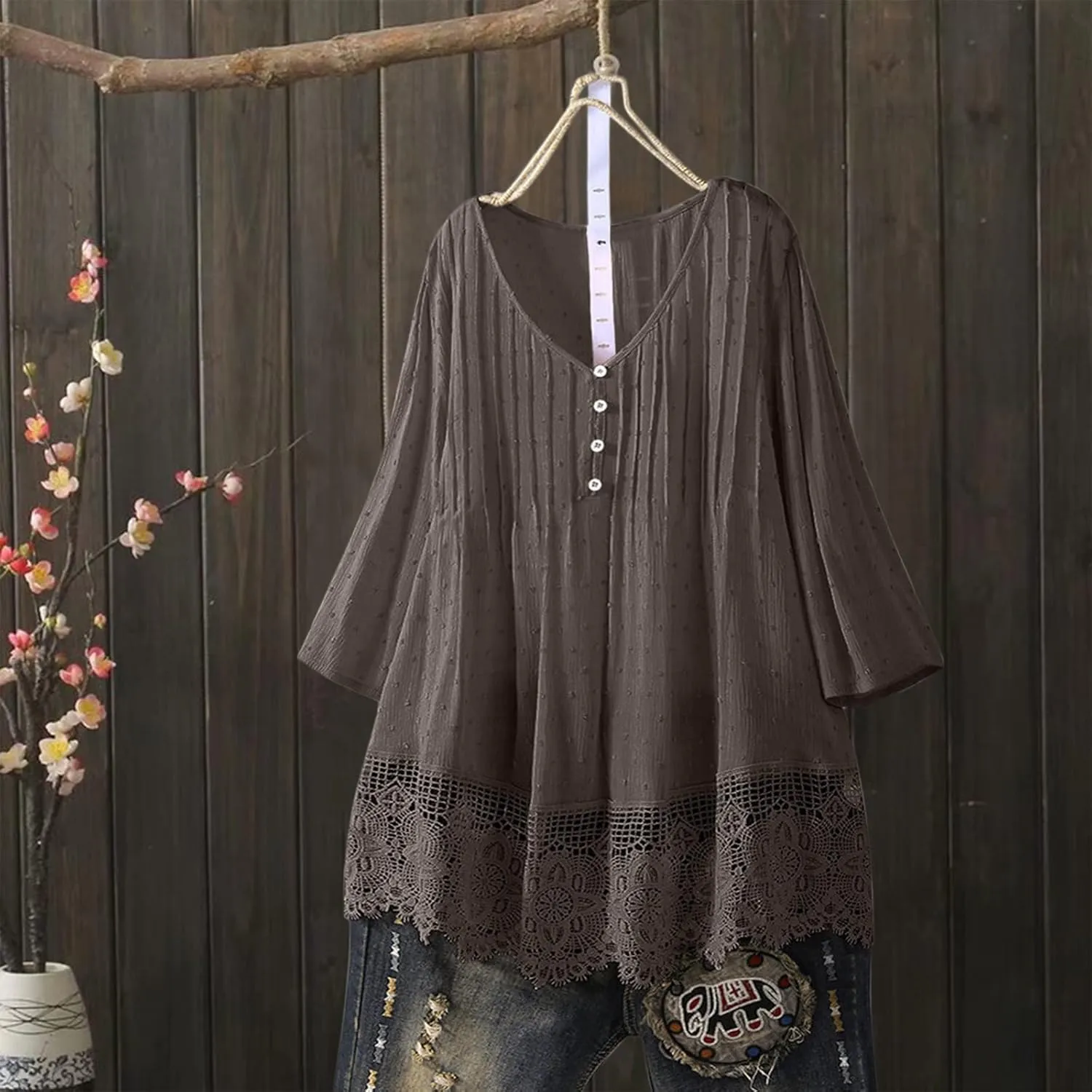 Linen Cotton Womens Long Sleeve Shirts Casual Oversized 3/4 Length Sleeve Round Neck Loose Fit Tees