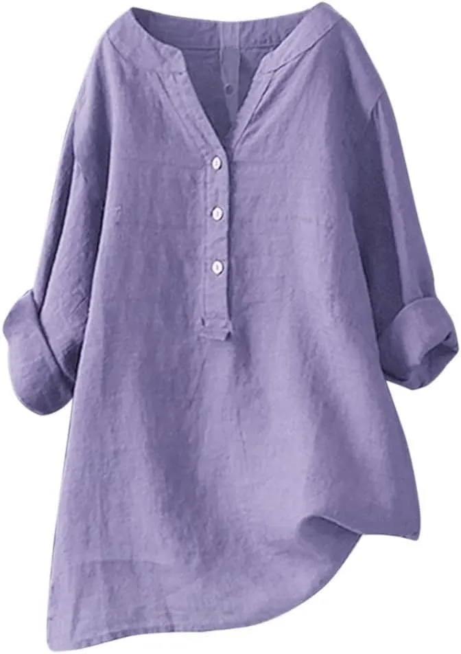 Linen Cotton Womens Long Sleeve Shirts Casual Oversized 3/4 Length Sleeve Round Neck Loose Fit Tees