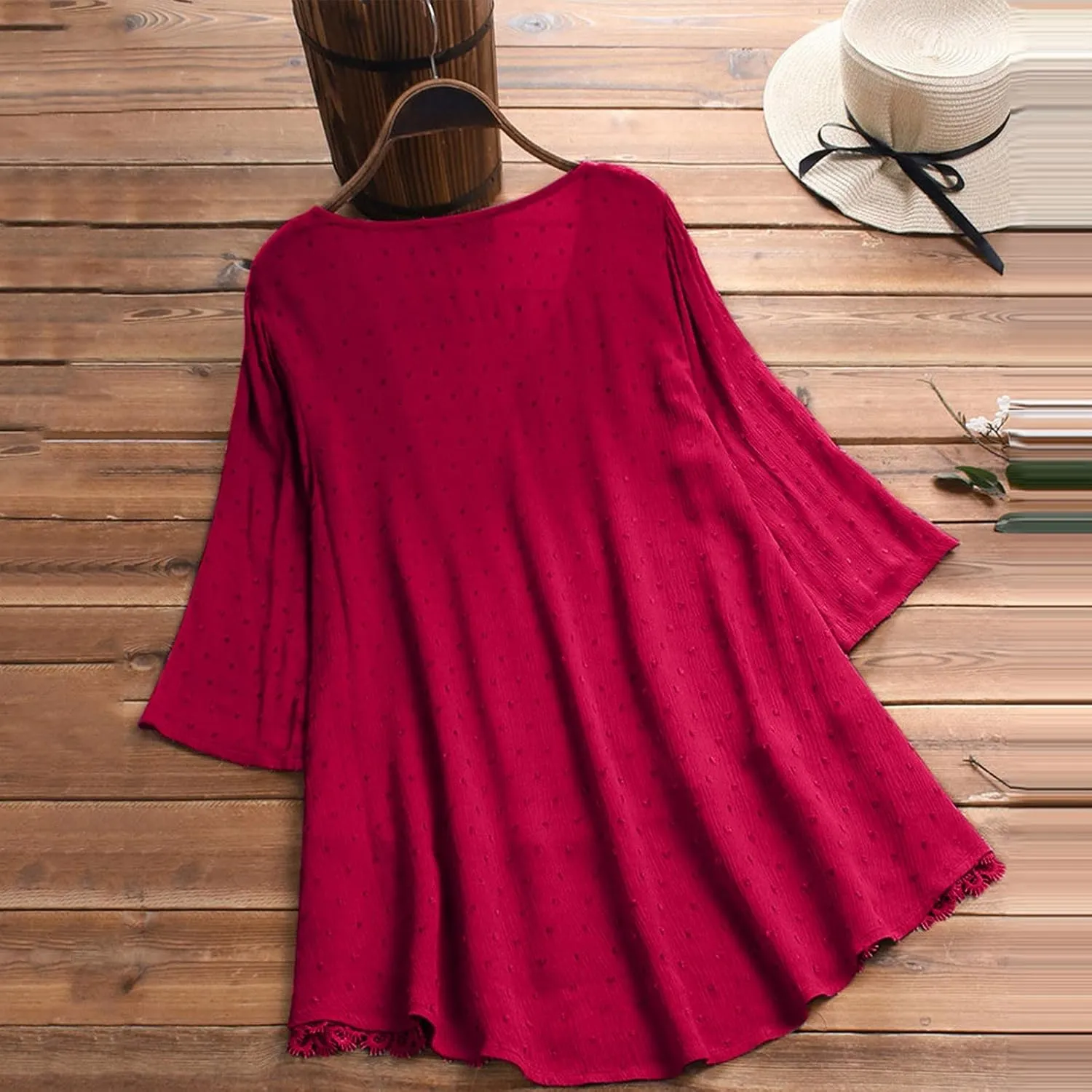 Linen Cotton Womens Long Sleeve Shirts Casual Oversized 3/4 Length Sleeve Round Neck Loose Fit Tees