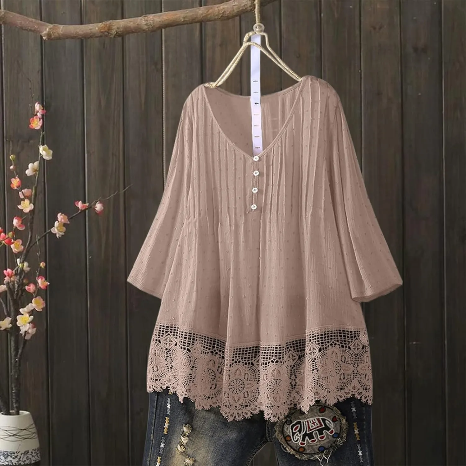 Linen Cotton Womens Long Sleeve Shirts Casual Oversized 3/4 Length Sleeve Round Neck Loose Fit Tees