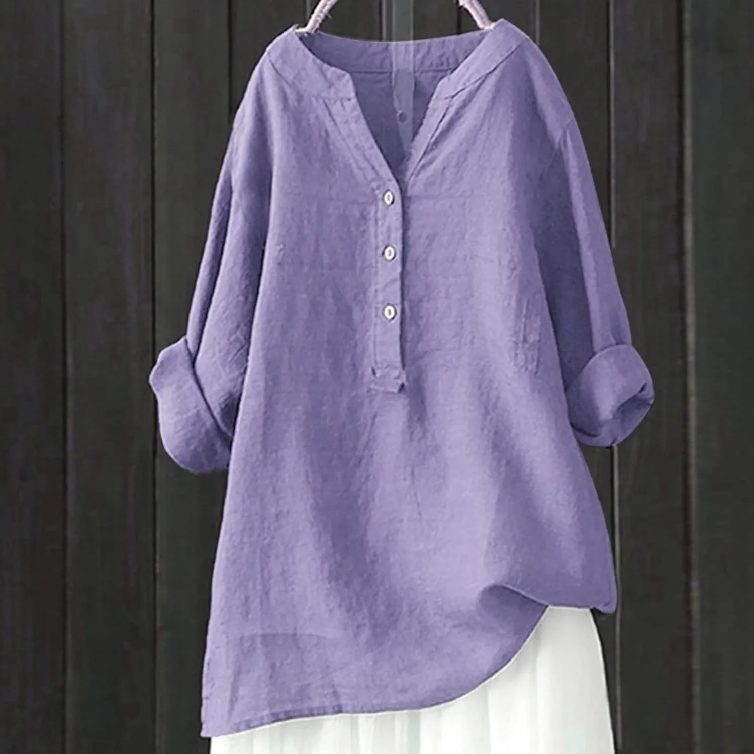 Linen Cotton Womens Long Sleeve Shirts Casual Oversized 3/4 Length Sleeve Round Neck Loose Fit Tees