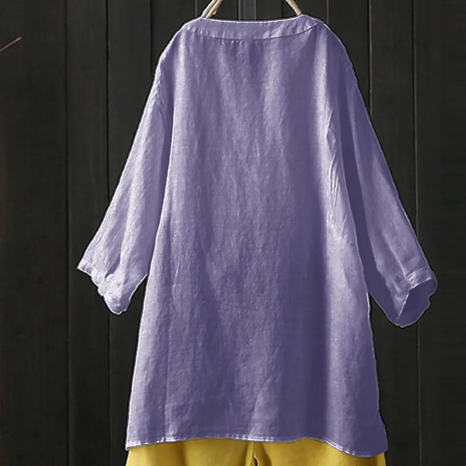 Linen Cotton Womens Long Sleeve Shirts Casual Oversized 3/4 Length Sleeve Round Neck Loose Fit Tees