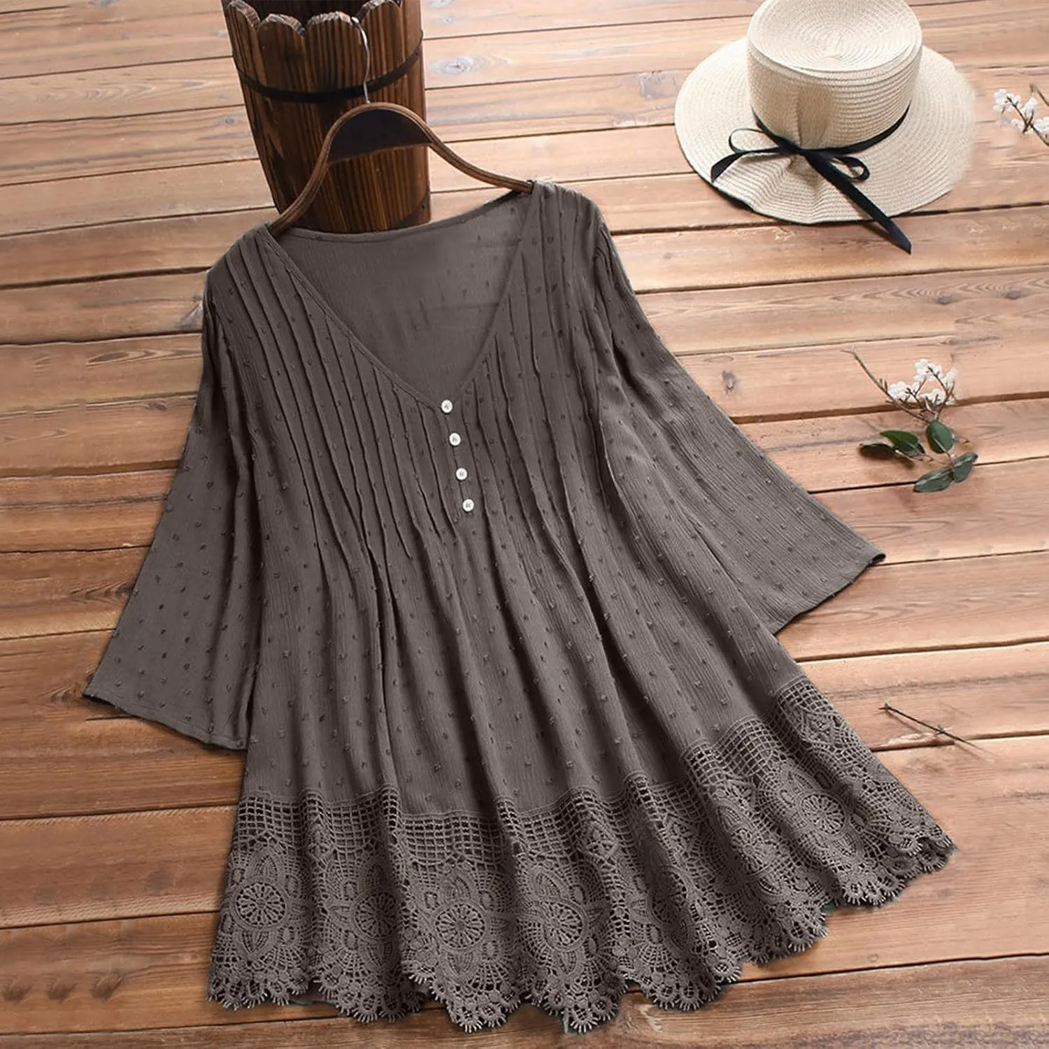 Linen Cotton Womens Long Sleeve Shirts Casual Oversized 3/4 Length Sleeve Round Neck Loose Fit Tees