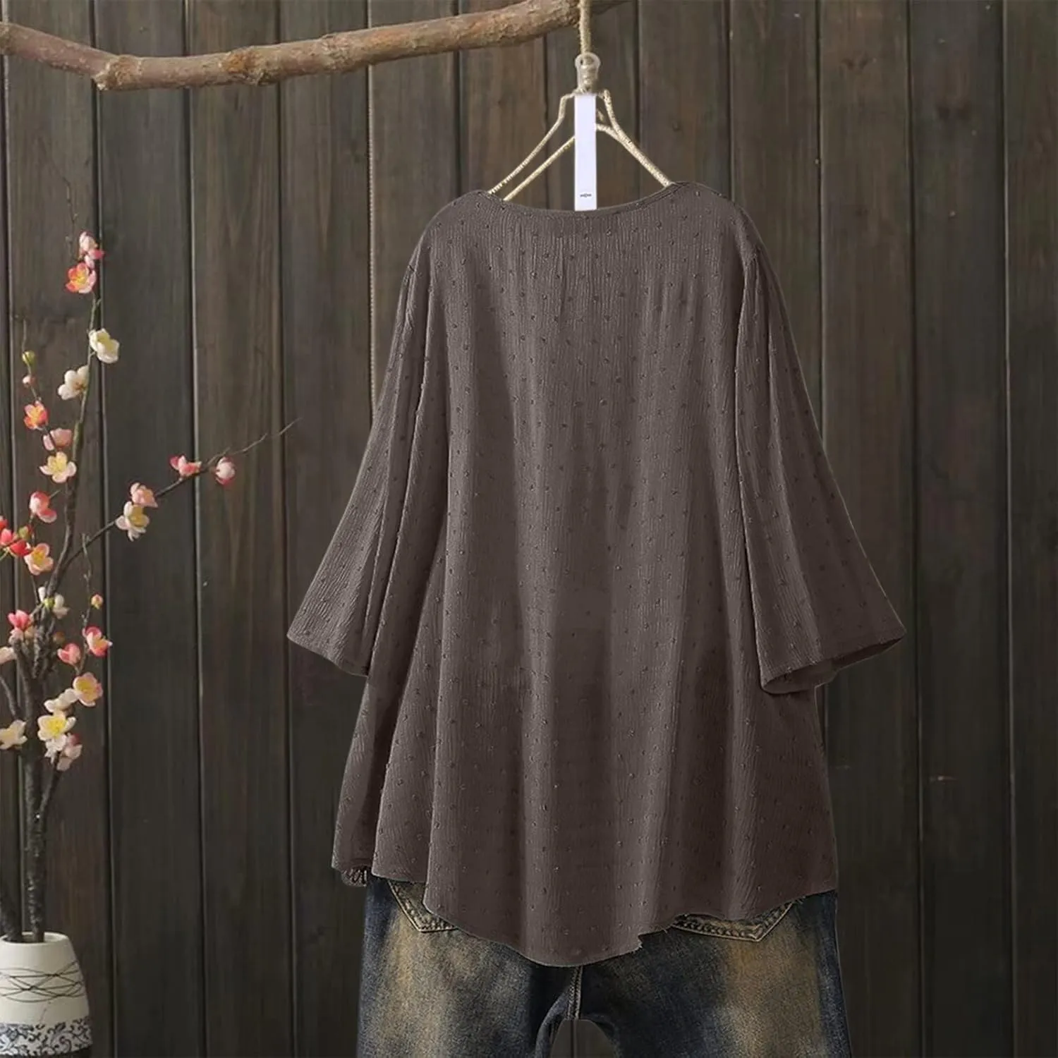 Linen Cotton Womens Long Sleeve Shirts Casual Oversized 3/4 Length Sleeve Round Neck Loose Fit Tees